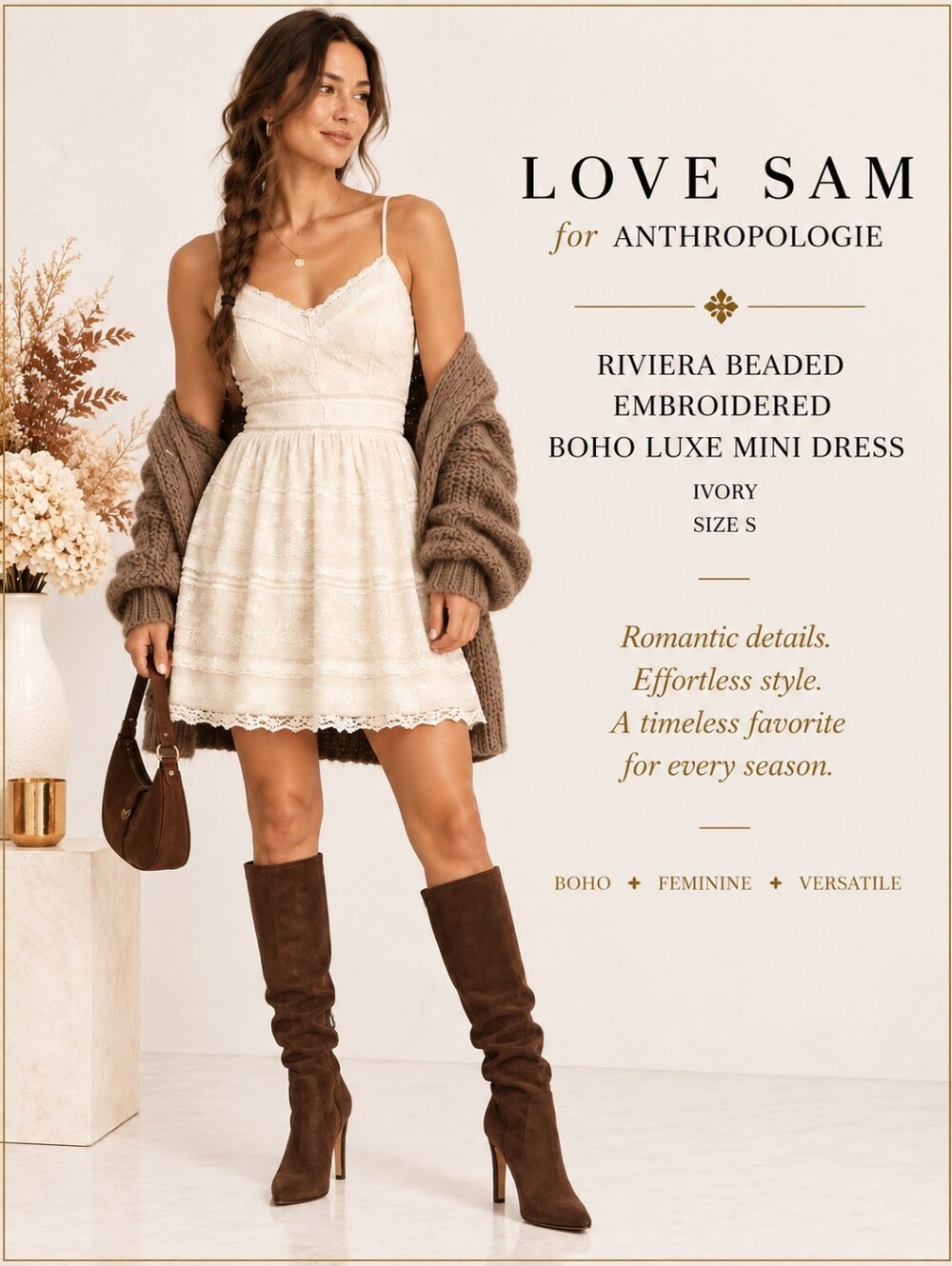LOVE SAM Anthropologie Ivory Beaded Riviera Embroidered Mini Dress Boho Luxe S